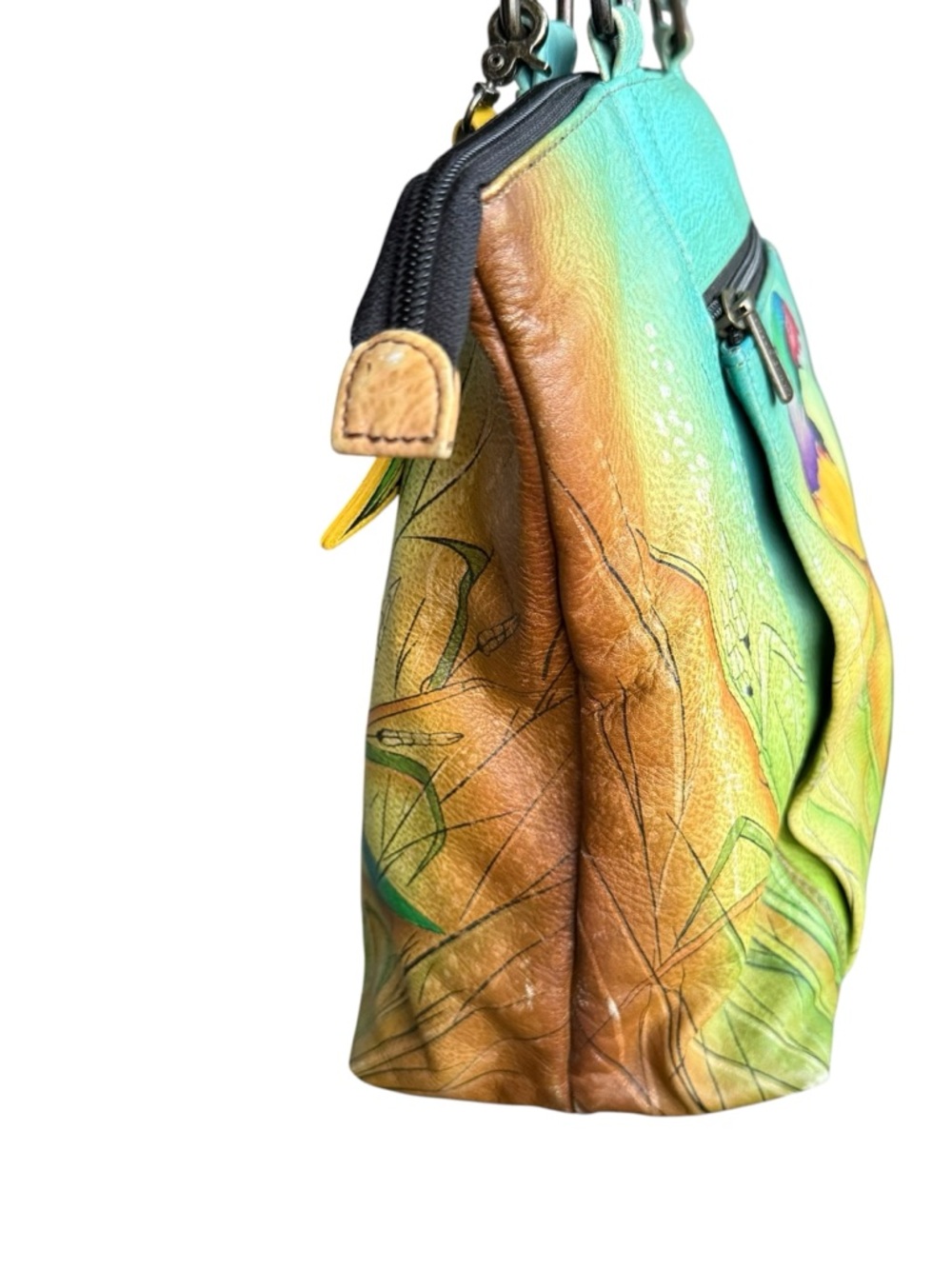 Anuschka genuine leather tote bag featuring beautiful hand-painted bird artwork - Picture 5 of 11